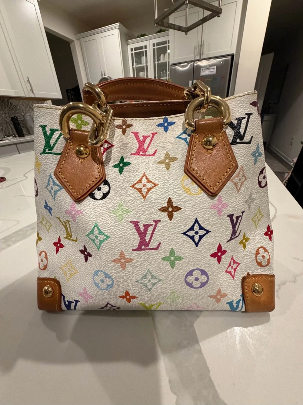 Louis Vuitton White Multicolor Monogram Satchel with Tan Handles - Picture 3 of 7